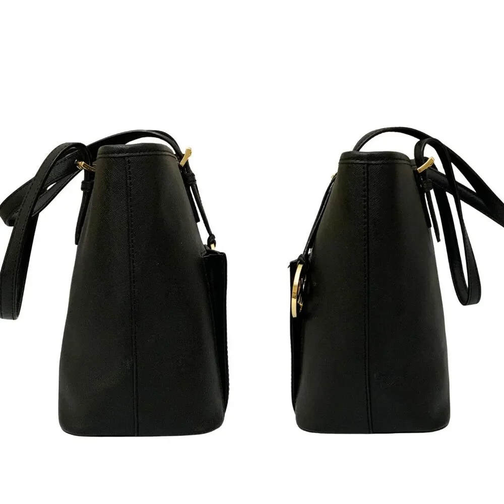 Michael Kors Black Saffiano Leather Tote Bag Gold Tone MK Charm Medium - Picture 3 of 13